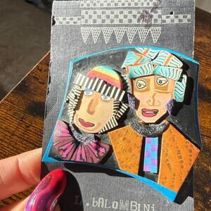 Signed L. Balombini Polymer Clay Abstract Art Quirky Best Friends Brooch